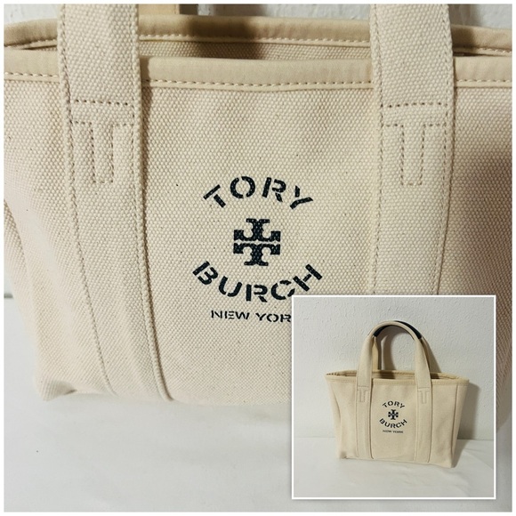 Tory Burch Handbags - Tory Burch Mini Mercer Canvas Tote Cream with Black Leather on Handles NWOT